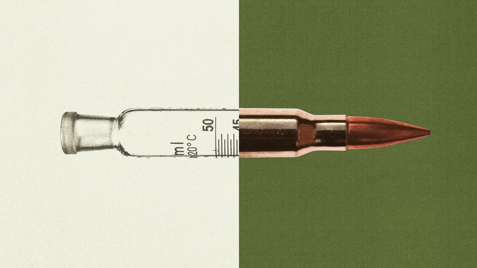 A diptych illustration of a test tube on the left side and a warhead on the right