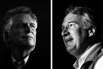 A black-and-white diptych of photos of the Virginia gubernatorial candidates Glenn Youngkin and Terry McAuliffe