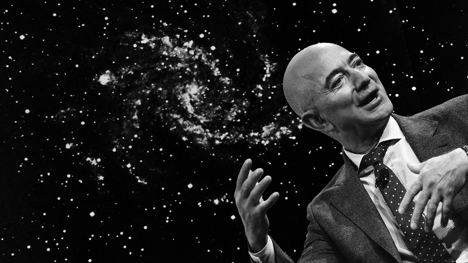 A composite image featuring a picture of Jeff Bezos against a backdrop of stars