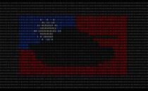 An illustration composed of ones and zeros that shows a Taiwanese flag with a silhouette of a tank