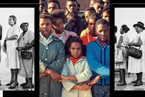1965 color photo of young people protesting voting rights with black and white photo of voting line