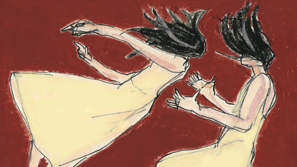 illustration of woman with dark hair wearing yellow dress falling backwards into the arms of same woman in yellow dress with dark hair, on reddish-brown background