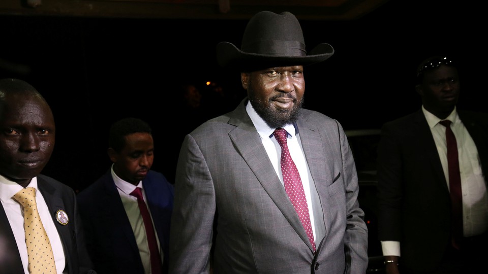 South Sudan President Salva Kiir arrives at the national palace to negotiate with the South Sudan rebel leader Riek Machar on June 20, 2018.