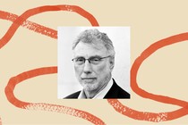 A black and white headshot of Marty Baron, surrounded by an illustrated border
