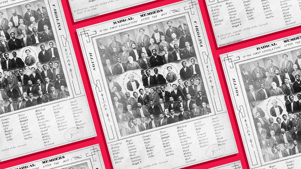 Photomontage of members of the South Carolina legislature following the Civil War, mounted on a card with each lawmaker identified