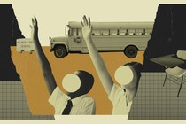 A photo illustration showing a school bus and two obscured students