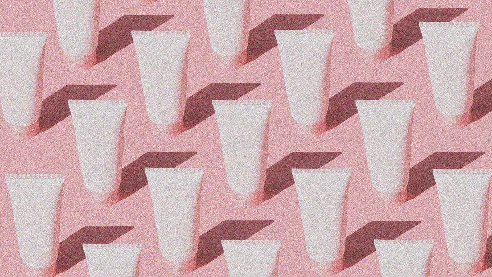 a bunch of labelless lotion bottles cast long shadows, in pink