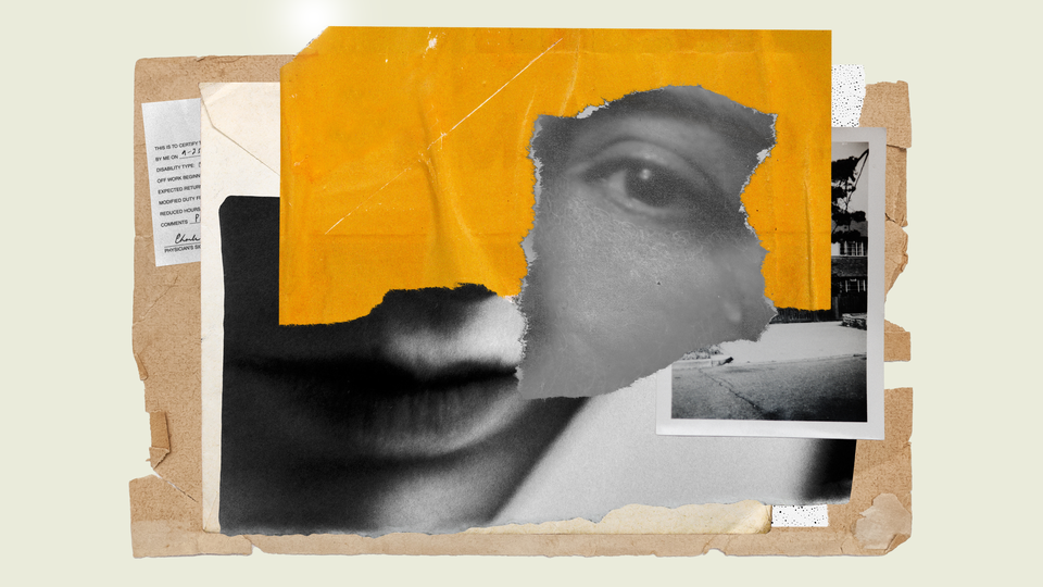 A series of ripped papers collaged together with eyes, lips, a house, and a doctor's note