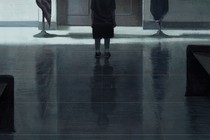 Illustration of a child from the waist down in a dark courtroom hallway.