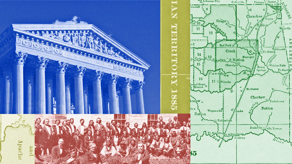 Collage of the Supreme Court, maps of Indigenous tribes, and photos of Native Americans
