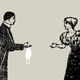 A man holding a face mask and a woman reach to shake hands