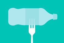 A fork and a water bottle against a teal background