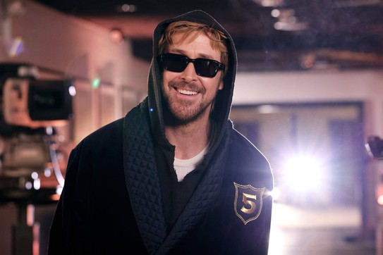 The actor Ryan Gosling smiles, wearing black sunglasses and a hood over his head