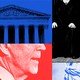 President Joe Biden, the Supreme Court building, and justices