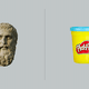 A stone bust of Plato next to a yellow-and-red can with a blue lid labeled "Play-Doh"