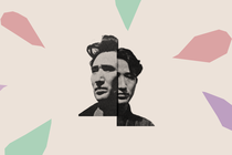 A photo-illustration shows two portraits of the novelist Osamu Dazai against an abstract pastel background