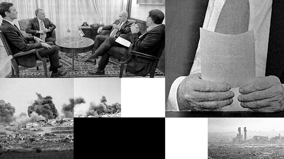 A photo collage showing a negotiation table, a document, and war images