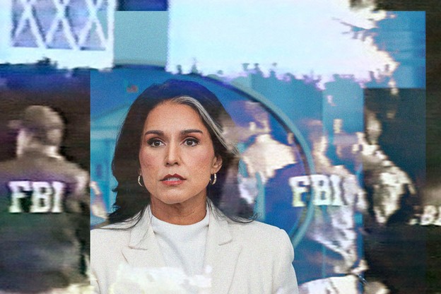 Photo of Tulsi Gabbard in a white jacket speaking in front of the White House seal, overlayed with a blurry photo of men wearing FBI windbreakers