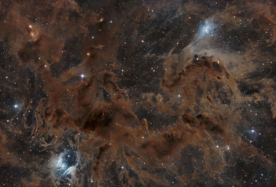 Dark clouds of gas and dust swirl among many stars.