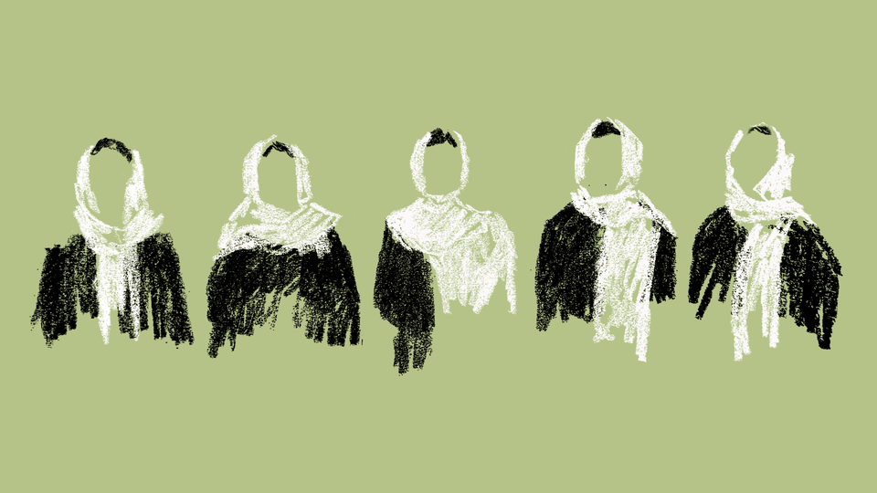 An illustration of four women wearing head coverings, etched in black and white pastel strokes.