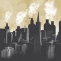 An illustration of a city skyline with giant bottles of lotion, perfume, and acetone emitting columns of smoke
