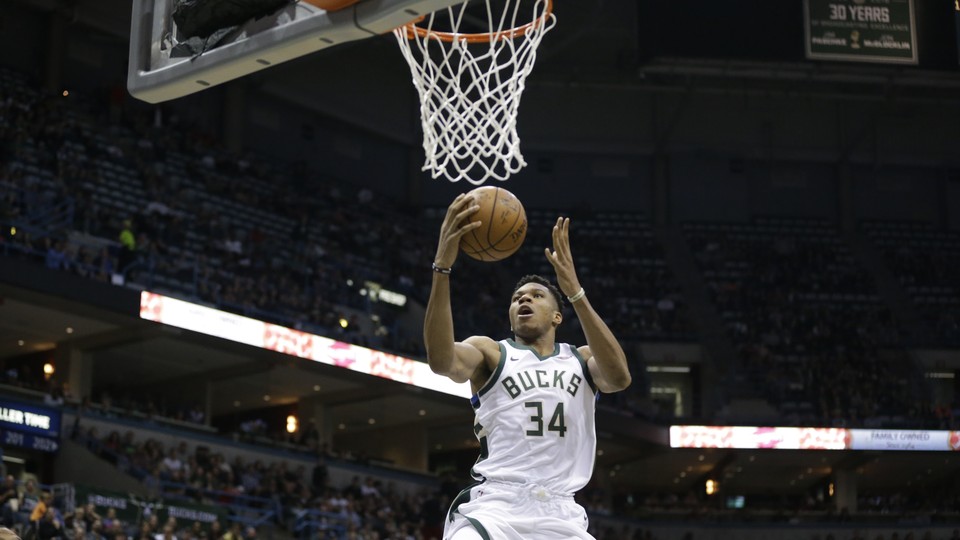 Giannis Antetokounmpo drives to the hoop against the Portland Trail Blazers.
