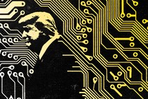 An illustration of Donald Trump with microchip wires in the background.