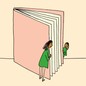 An illustration of an older girl looking across a giant book at her younger self
