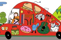 A dad and his daughter driving, with various objects from their day out drawn on the car