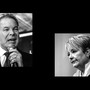 Two cropped, black-and-white photos: Dan Kelly talking into a microphone, and Janet Protasiewicz in profile