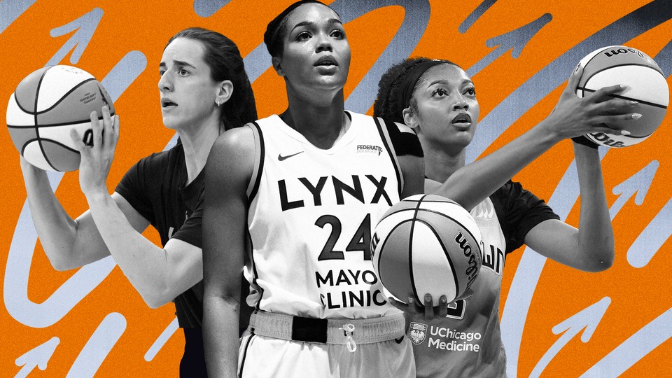 Caitlin Clark, Napheesa Collier, and Angel Reese all hold basketballs in front of an orange and grayscale background