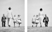 two black-and-white photos with a white strip between them; one of a father and children, the other of a mother and the same children