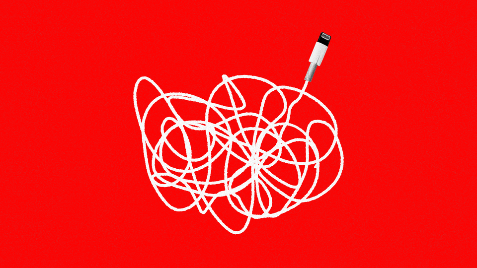 A tangled Lightening cable