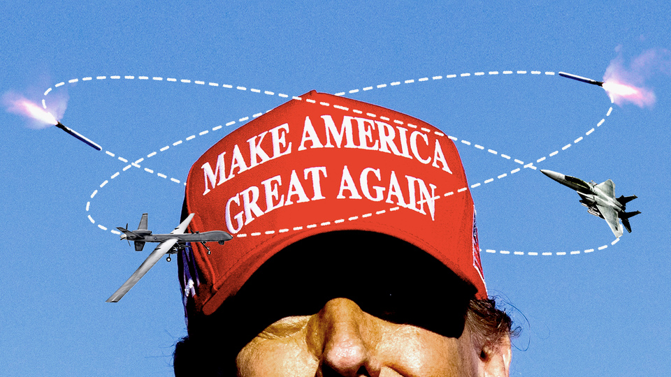 An illustration of the top half of Donald Trump's head, wearing a red MAGA hat, with two missiles, a drone, and a fighter jet circling his head.