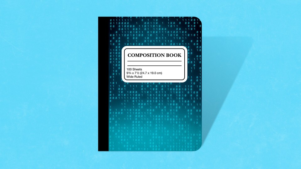 An illustration of a composition book with computer digits on the cover