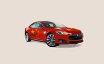An illustration of a Tesla car painted in the color and emblems of the Chinese flag