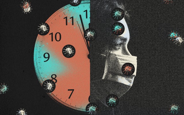 A masked face next to a clock, surrounded by coronaviruses
