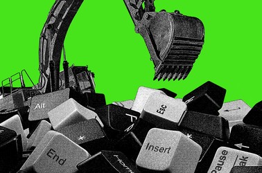 Image of a crane sorting through keyboard keys