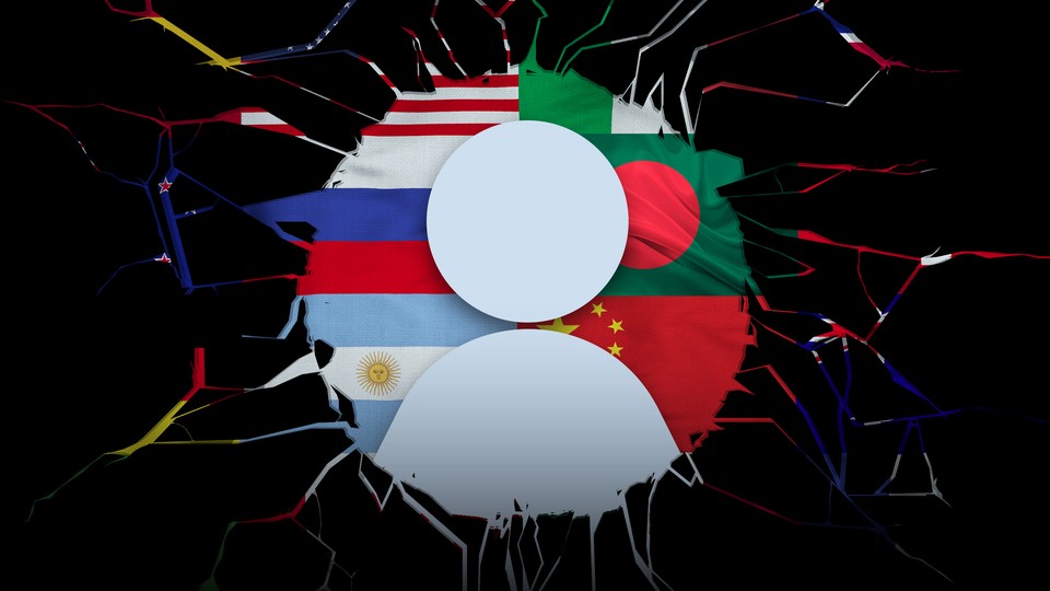 An X profile image with multiple flags of the world behind it