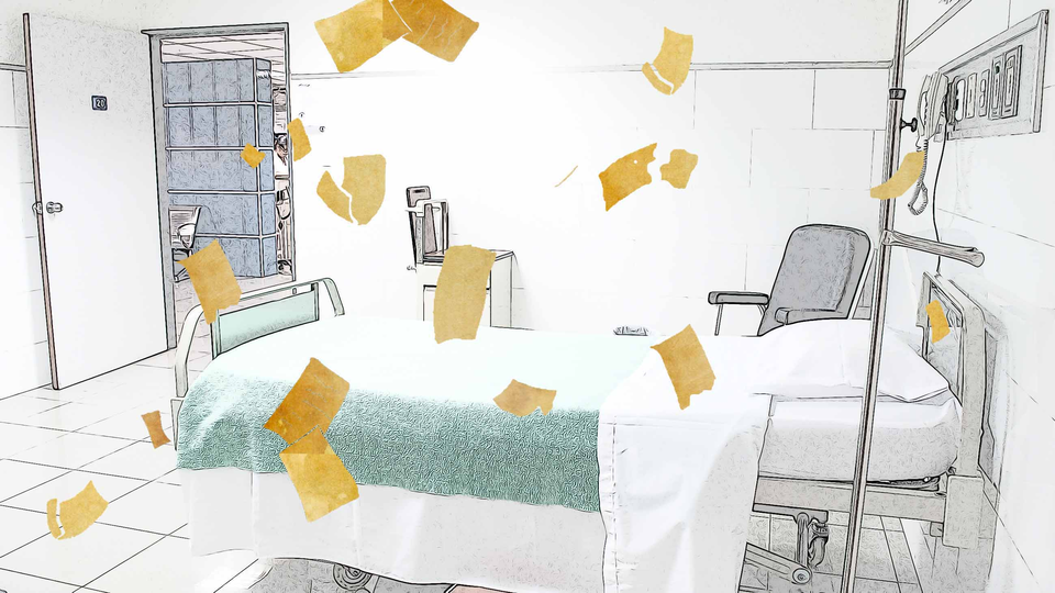 Papers fly around a hospital bed.