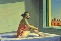 A painting of a woman sitting on a bed looking out the window
