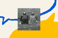 The outline of a blue speech bubble fills the top half of the screen. A yellow, filled-in speech bubble is on the bottom of the screen. In the middle is a black-and-white photo of two middle aged men of medium build who are sitting beside each other in a bit grassy field with their backs to the camera, looking out towards more field.