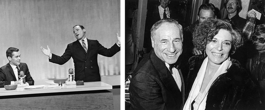 2 black-and-white photos: young Mel Brooks standing behind Johnny Carson's TV desk with arms raised as Carson looks on; Brooks and Anne Bancroft smiling at formal event