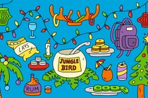 A collage of holiday party decorations and snacks, including a Jungle Bird punch bowl, a Christmas tree, a palm tree with ornaments on it, paper lanterns, a bag of chips, a plate of sliders, etc.
