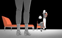 Illustration of a mother's legs from behind, facing her daughter, her grandchild, and their therapist