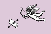 a flying cupid shoots his arrow at an iPhone, cracking through the screen