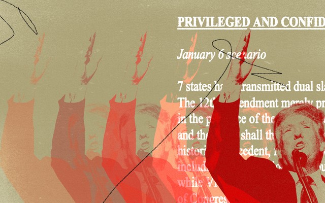 A photo illustration of a red-tinted Donald Trump lifting his arm in front of white text from a legal memo