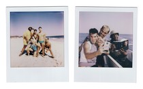 Two polaroids side by side of characters from 'Fire Island' vacationing on the beach