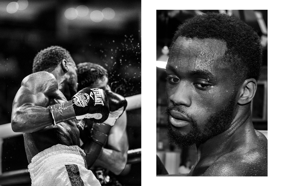 left: one boxer punches another in the ring, sweat flying; right: a sweating boxer looks toward the camera
