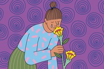 An illustration of a weeping woman sniffing a happy bouquet.